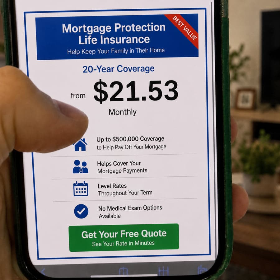 Mortgage protection life insurance plan from $21.53 a month with up to $500,000 of coverage and no medical exam options