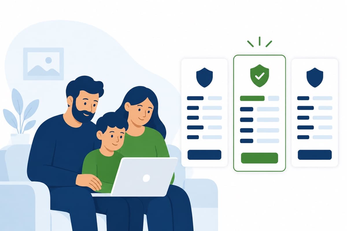 A family comparing insurance quotes on a laptop